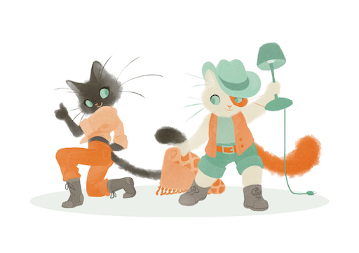 Deux chats rangeant ce qui traîne par terre