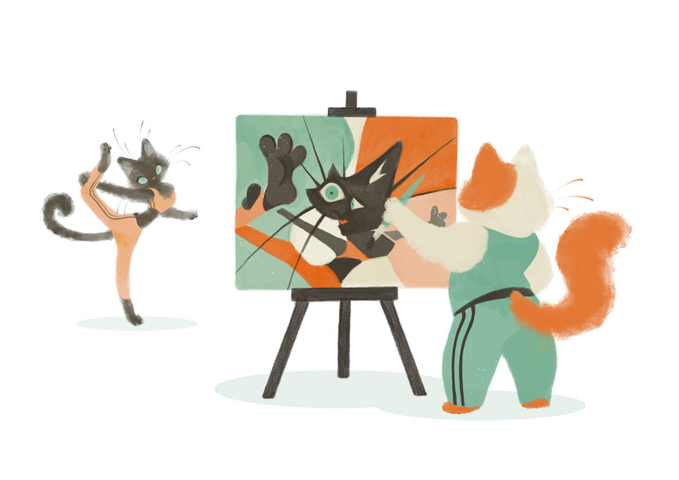 Un chat peignant un autre chat en équilibre